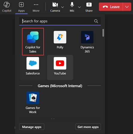 Screenshot showing add Copilot for Sales app during meeting.