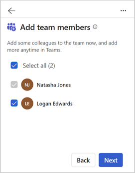 Screenshot of the Add team members step in Copilot for Sales for Outlook.