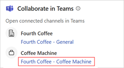 Screenshot of the Collaborate in Teams card in Copilot for Sales for Outlook, with the deal room channel highlighted.