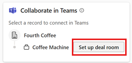 Screenshot of the Collaborate in Teams card in Copilot for Sales for Outlook, with the Set up deal room button highlighted.