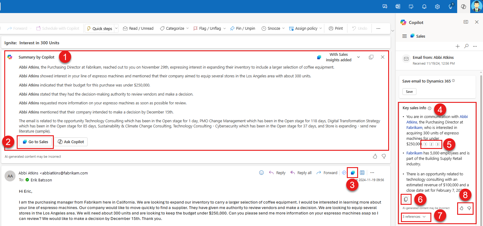 Screenshot of a Copilot for Sales email summary in Outlook on the web, with numbered callouts.