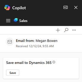 Screenshot showing the Save email to CRM highlight card in the Copilot for Sales side pane.