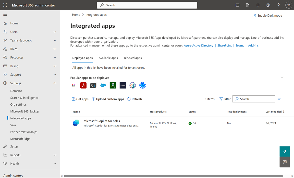 Screenshot showing Copilot for Sales installed as an add-in for Outlook.