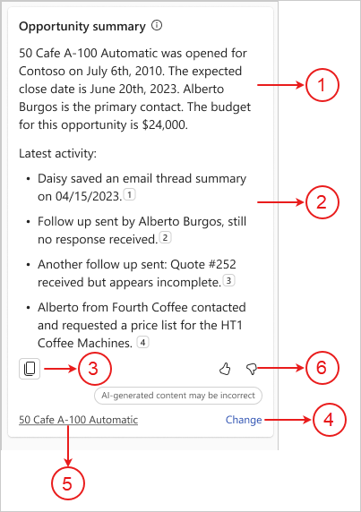 Screenshot showing the Opportunity summary with numbered annotations.