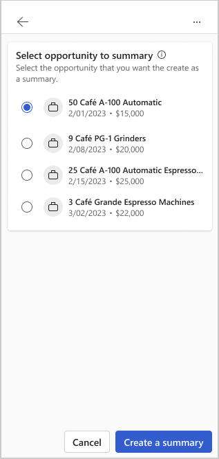 Screenshot showing the Select an opportunity to summarize pane.