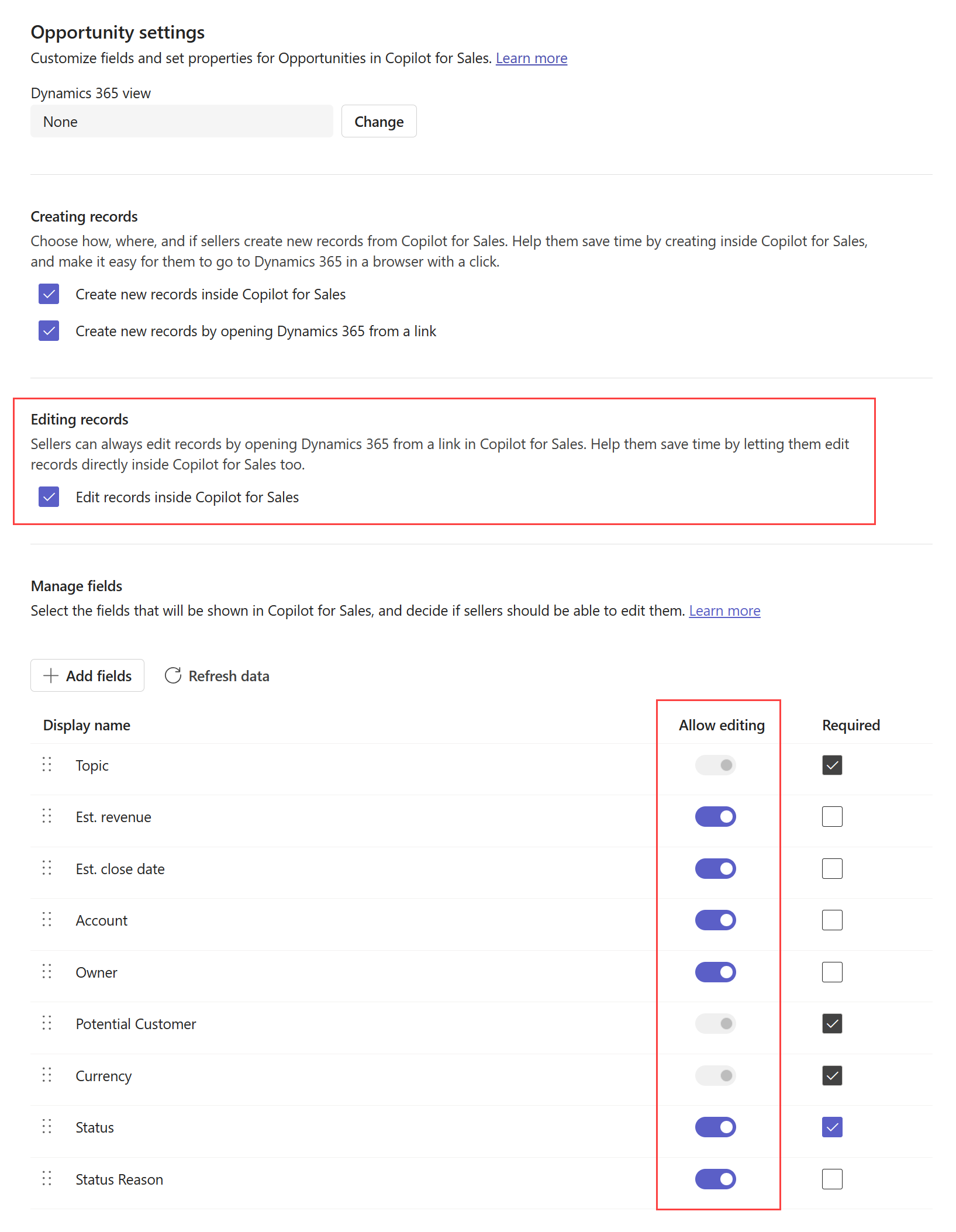 Screenshot showing how to enable editing of records and fields in Copilot for Sales.