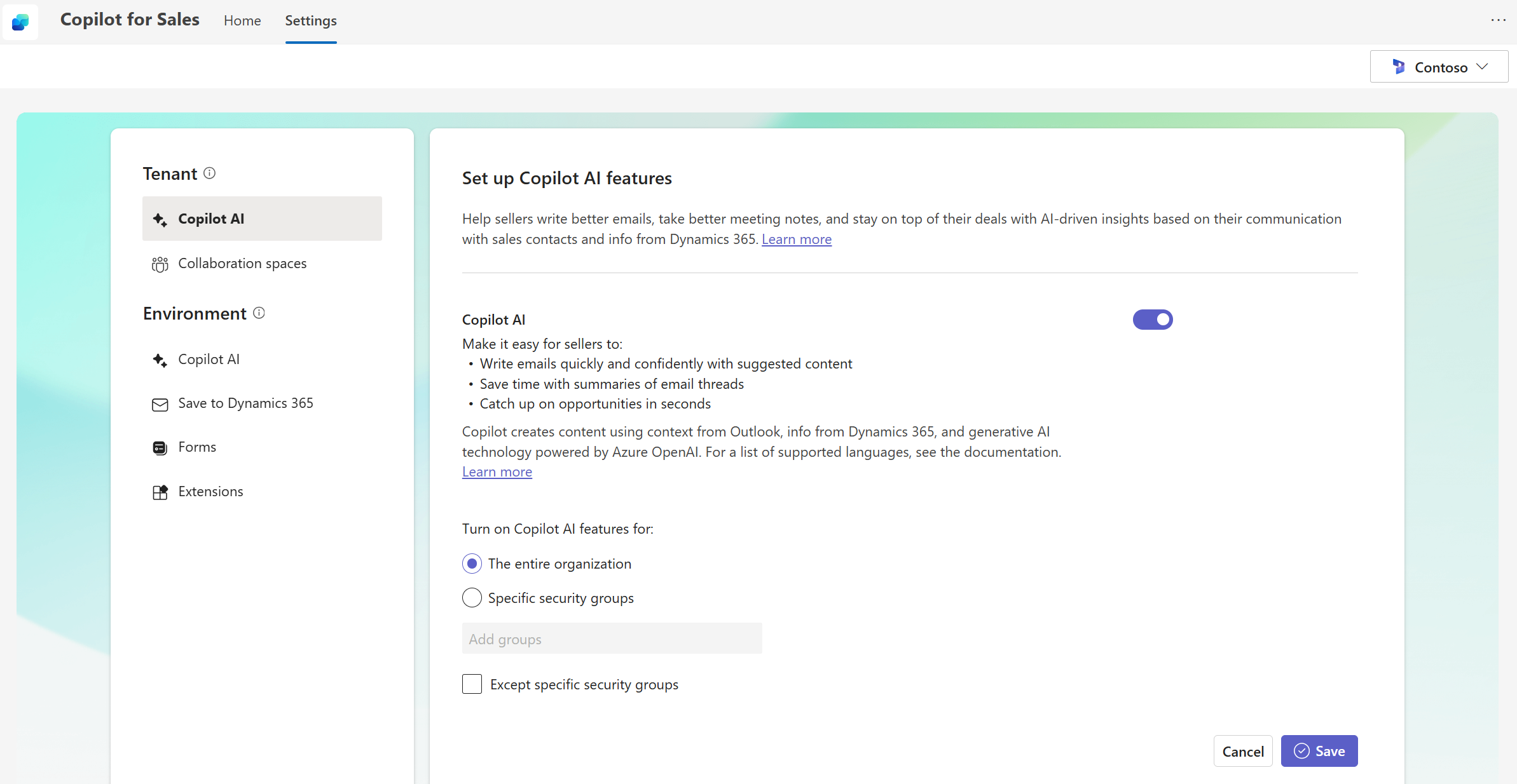 Screenshot of Copilot for Sales settings for a tenant.