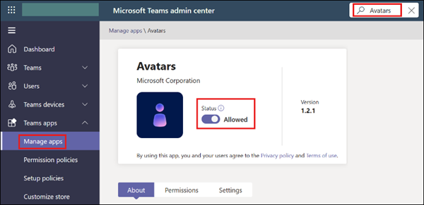 Toggle showing the Avatars app stateset to Allowed.