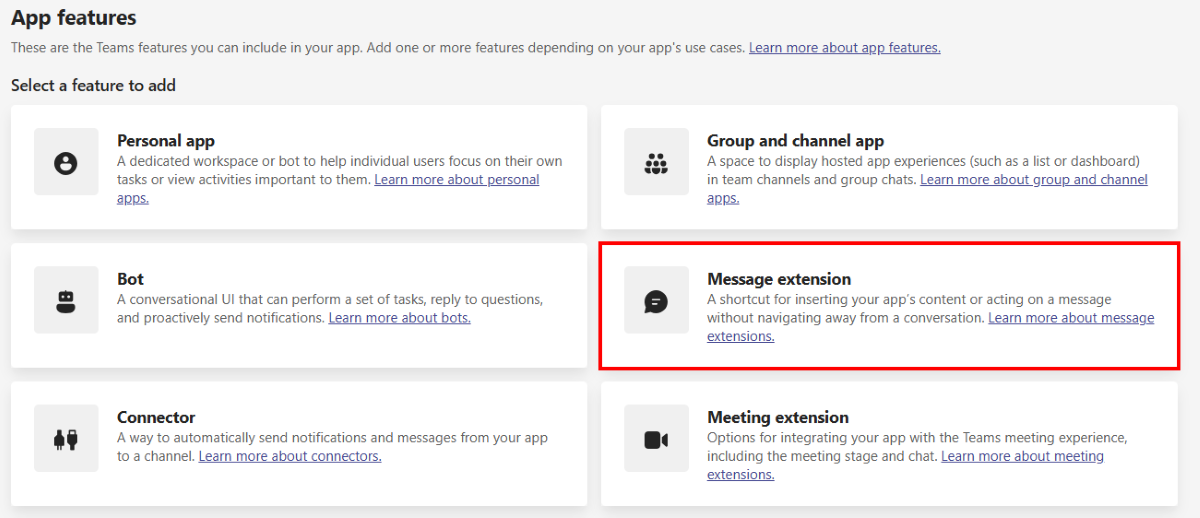 Screenshot shows the messaging extension option in Teams Developer Portal.