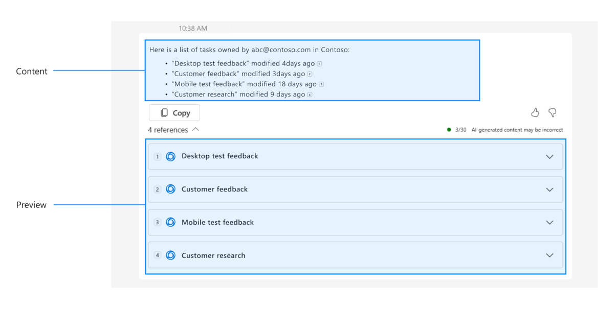 Screenshot shows an example of a sample app showing Microsoft 365 Copilot app response contains preview and content in the same response.