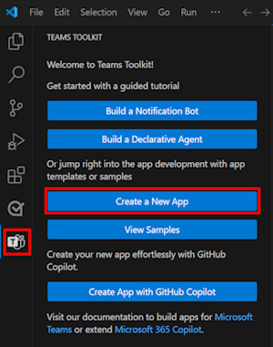 Location of the Create New Project link in the Teams Toolkit sidebar.