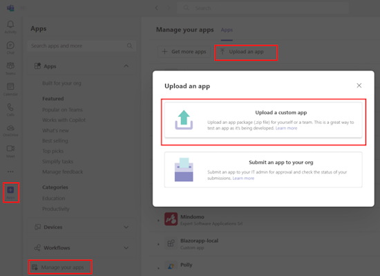 Screenshot shows the option to upload a custom app in Teams.