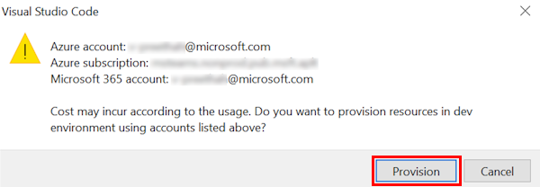 Screenshot showing a dialog box that costs incurred when running resources in Azure.