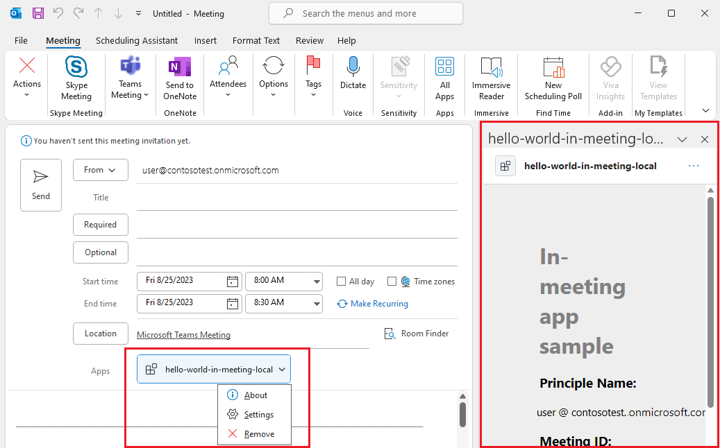 Meeting app running in Outlook meeting scheduler side panel