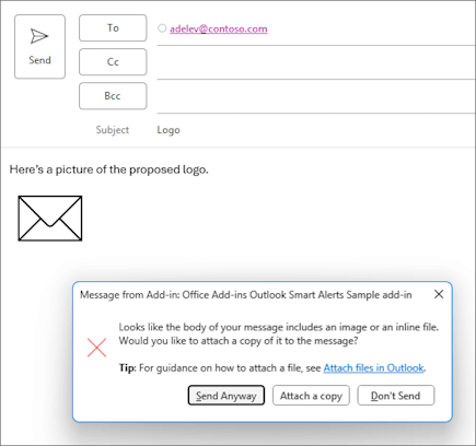 Customized Smart Alerts dialog with the Send Anyway option available at runtime.