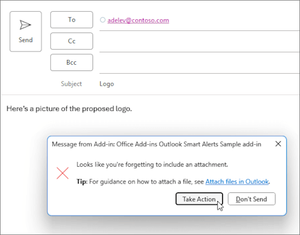 Dialog with a Take Action button that opens a task pane.