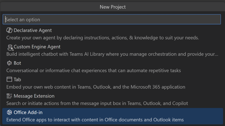 The options in New Project dropdown menu. One option is called 'Office Add-in'.