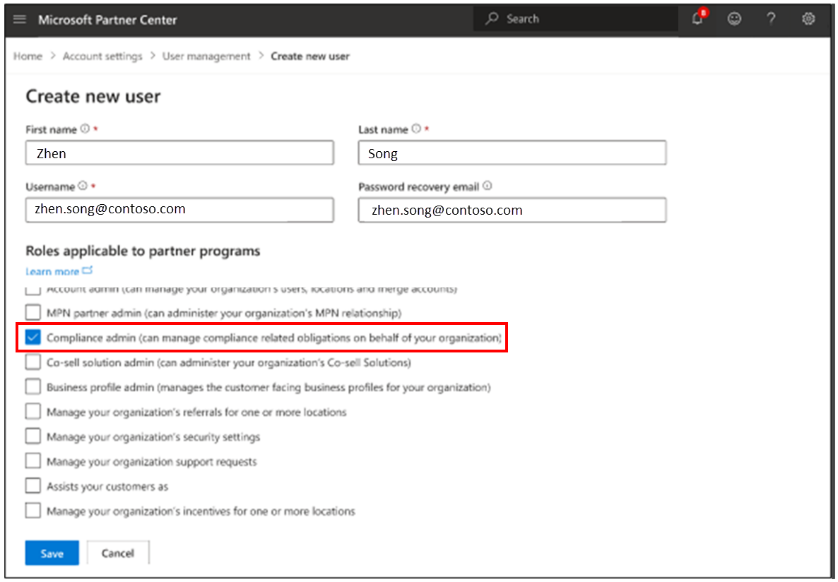 Screenshot that shows the Create new user window, with the Compliance admin role selected.