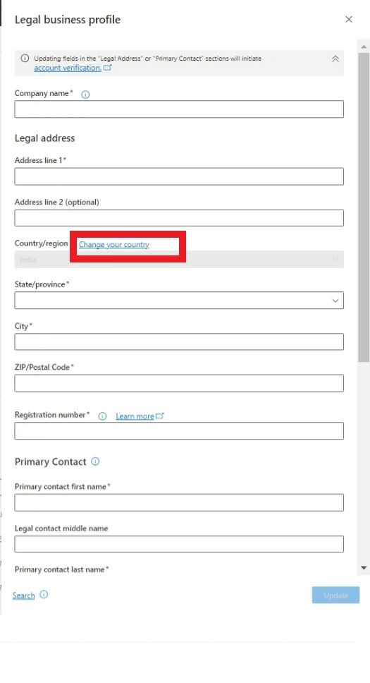 Screenshot of the Legal business profile page in Partner Center, which has boxes in which you can fill in address and contact information.