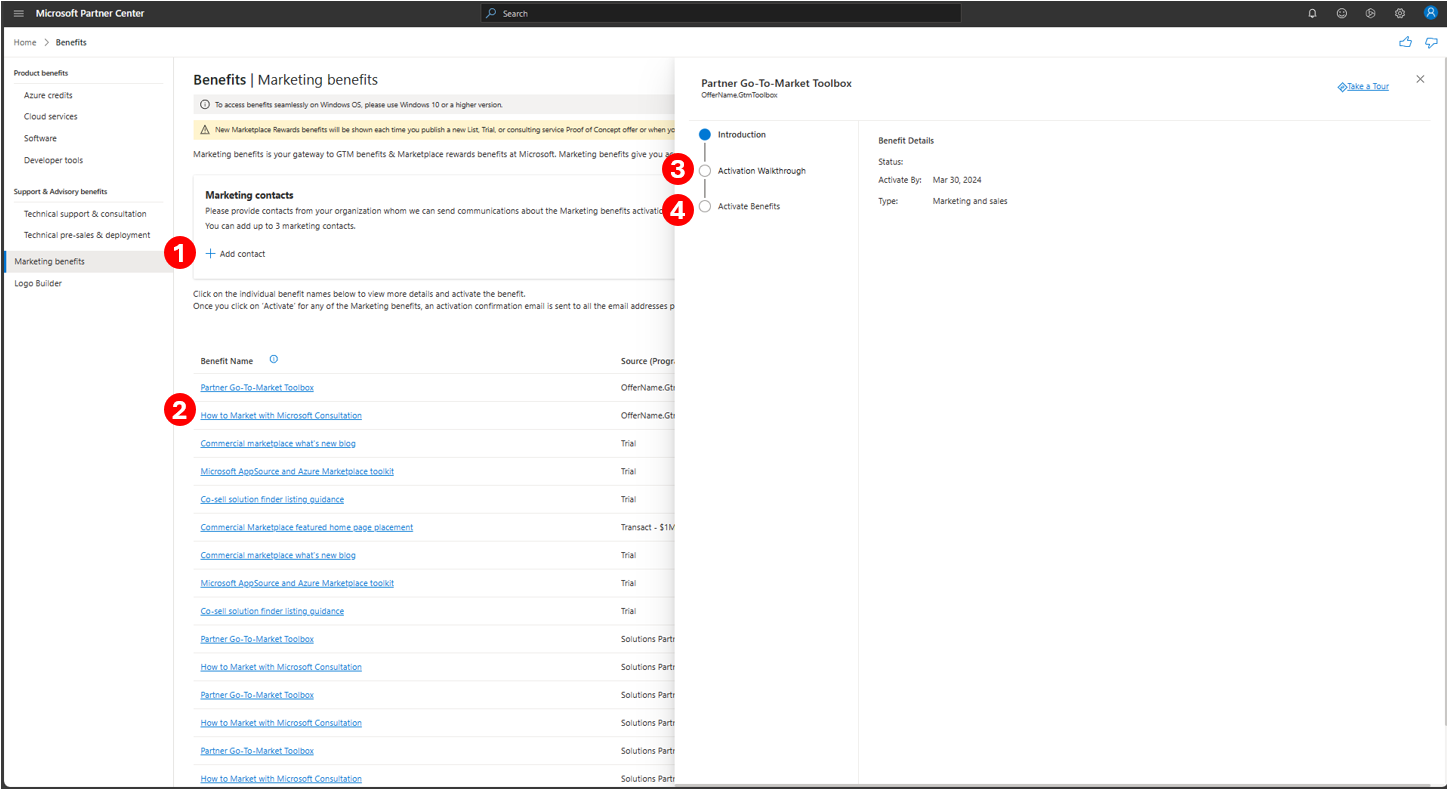 Screenshot describing steps to follow to redeem marketing benefits in Partner Center.