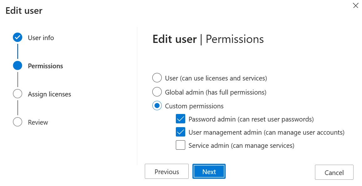 Screenshot of the Edit user - Permissions page.