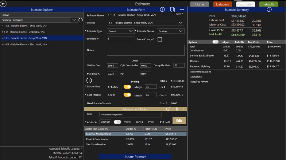 Screenshot of the Reliable Electric project estimation app.