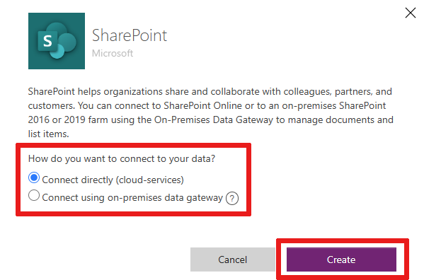 To connect to SharePoint Online, select Connect directly (cloud services).