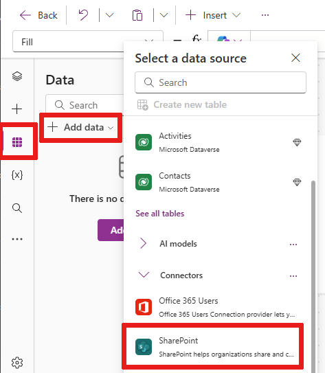 Screenshot showing the menu path to connect to SharePoint from the Data menu.