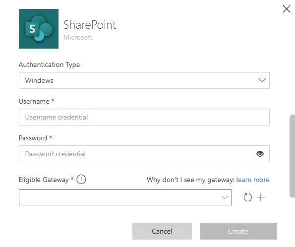 Screenshot of the popup showing how to connect using on-premises data gateway.