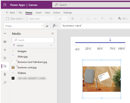 Example of Power Apps Studio with a library and multimedia added.