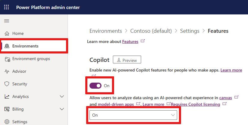 Screenshot of the Power Platform admin center environment settings, showing Copilot features.