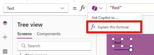 Screenshot of the Copilot functionality menu showing the Explain this formula item.