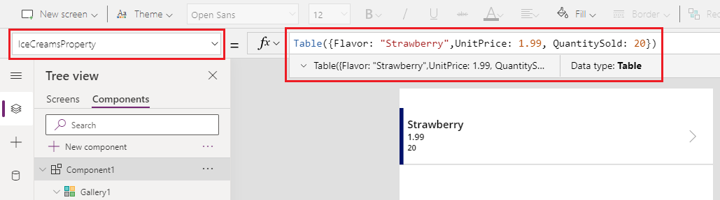 Custom input property formula defined as table and sample values.