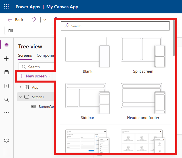 Screenshot that shows how to choose a layout from the New screen menu