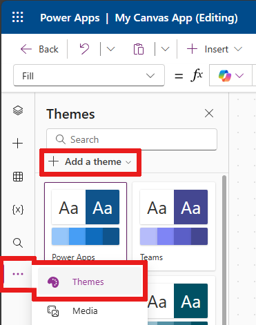 Screenshot that shows how to select the Themes option from the authoring menu.