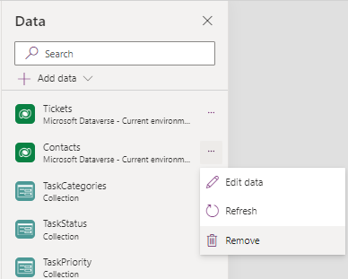 Screenshot that shows the Remove option from the overflow menu of a table in the Data pane.