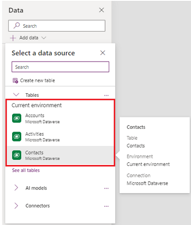 Screenshot that shows how to add a table from the Data pane.