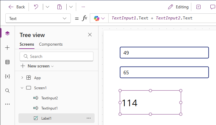 Screenshot of Power Apps recalculating the sum of two numbers.