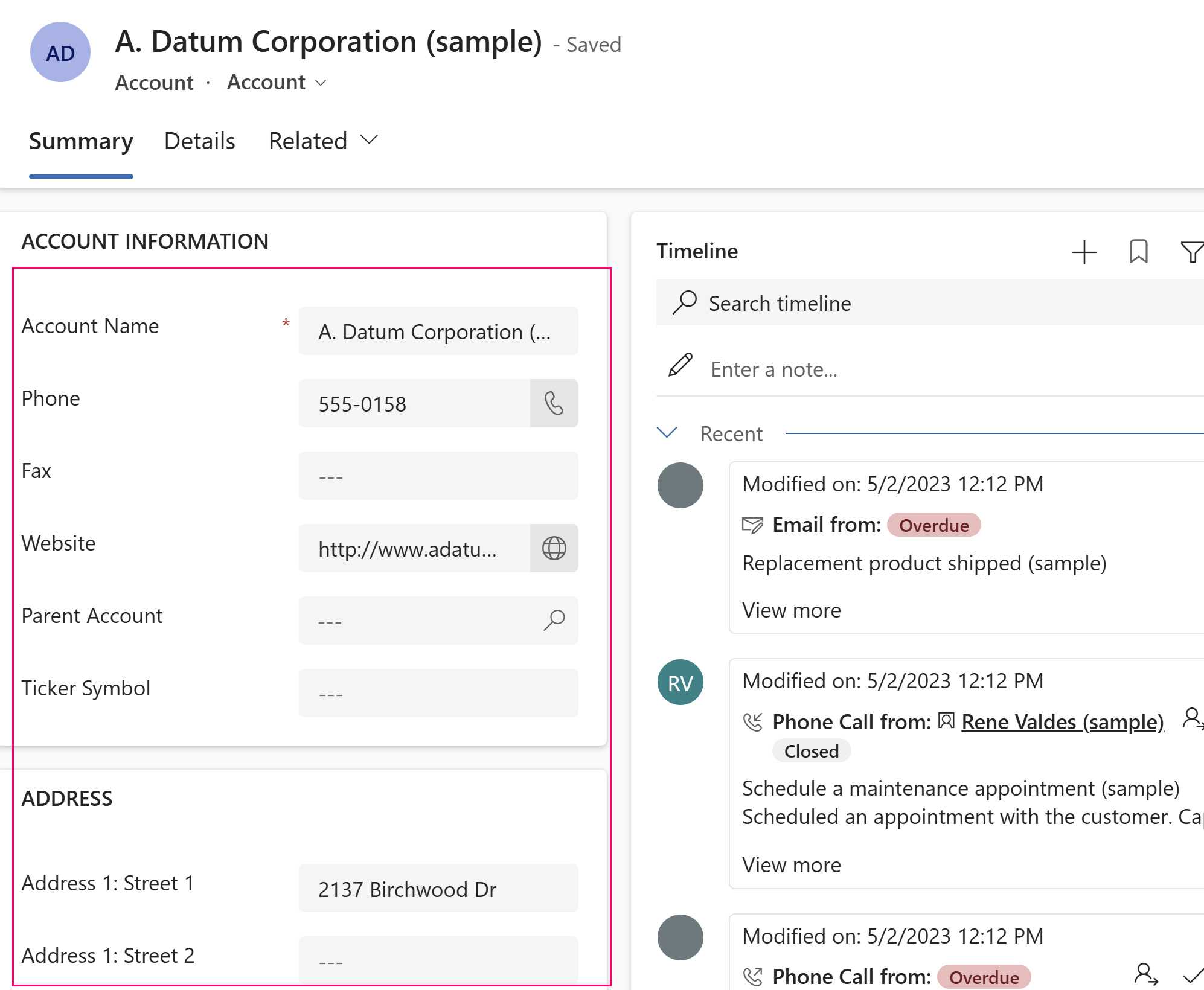 Several columns on the default account main form