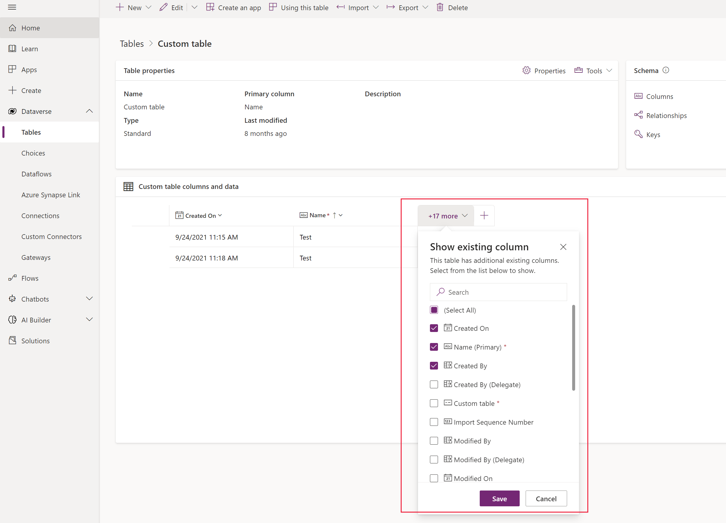 Select additional columns to display in the columns and data view