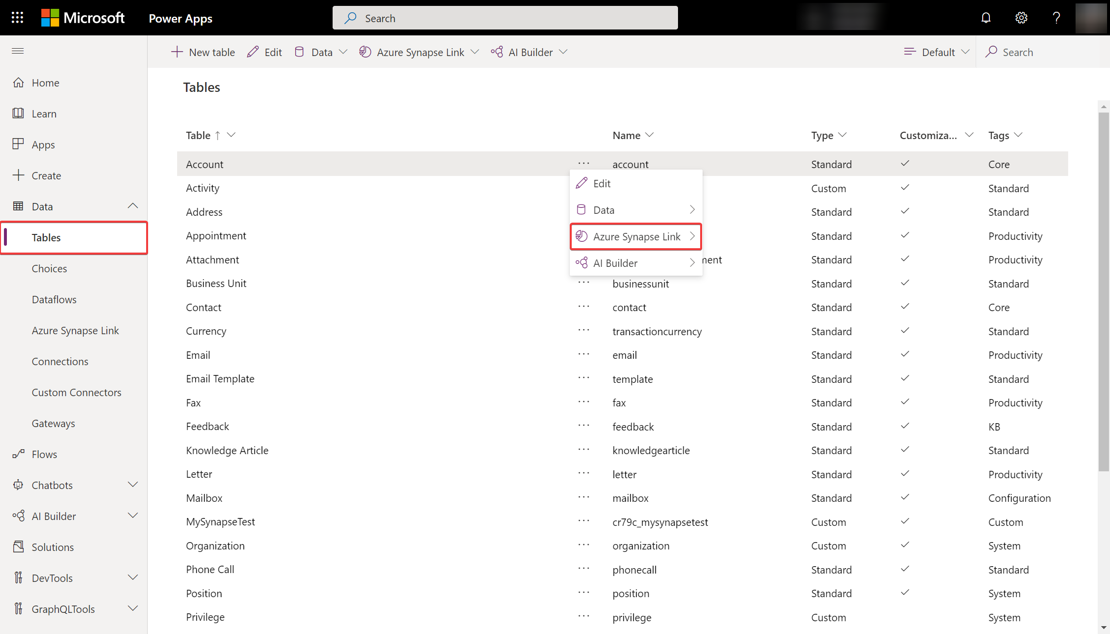 Select a table for export.