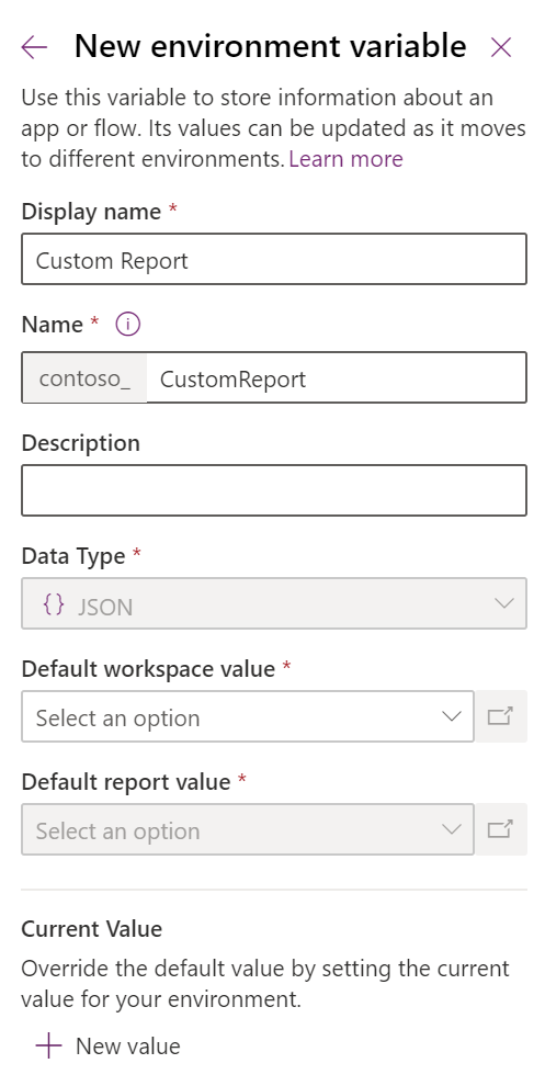 Power BI embedded environment variable panel.