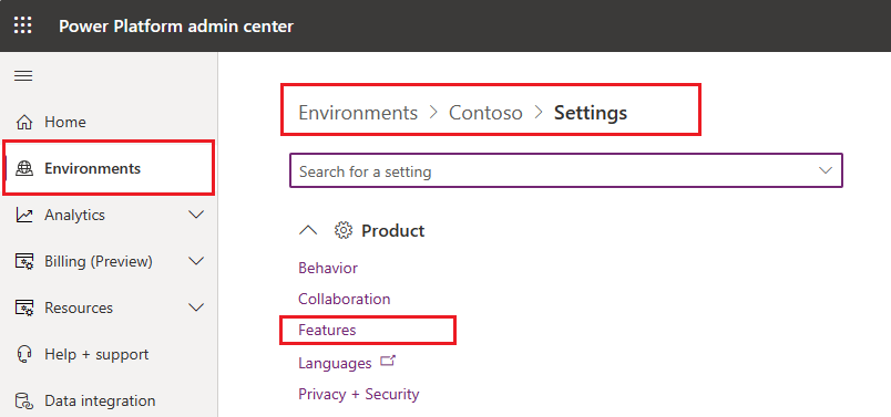 Screenshot that shows where to set environment features.