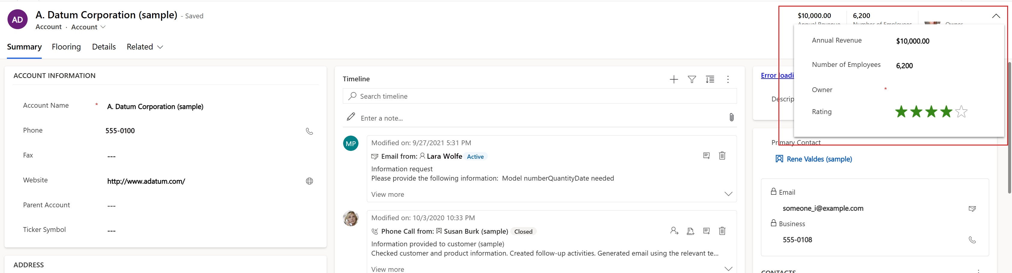 Form header flyout for the account main form that is displaying a control not viewable from the form header.