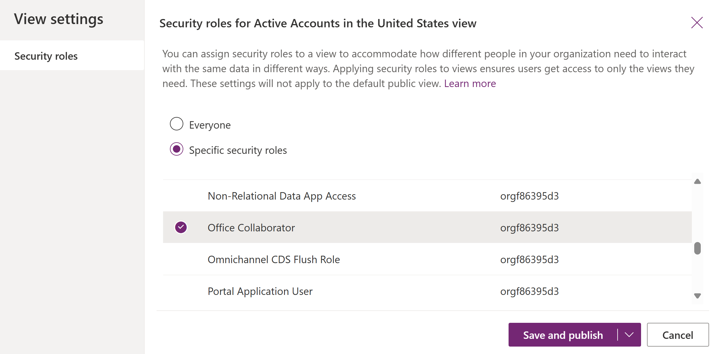 Select security roles for public view access