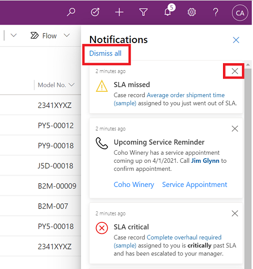 Select the close button to dismiss a notifications or select Dismiss all.