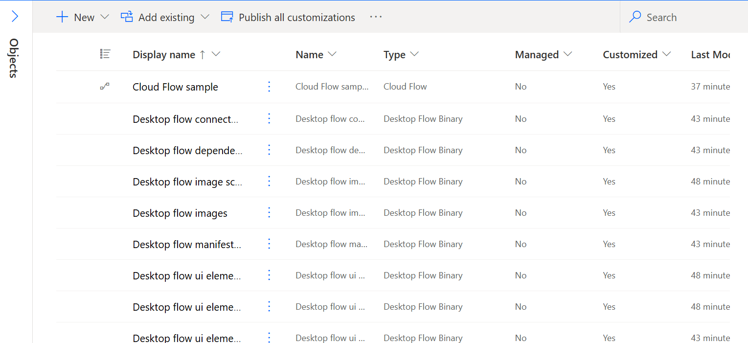 Screenshot of a desktop flow, a cloud flow, and connection references in a solution