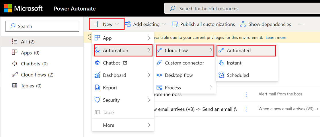 Screenshot of the different types of items that can be created with flow highlighted.