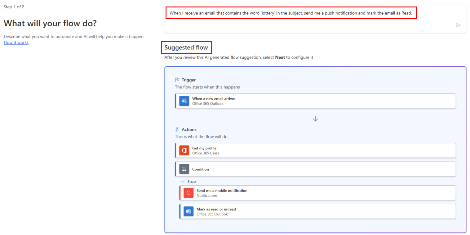 Screenshot of triggering a cloud flow based on an email's subject in Copilot.