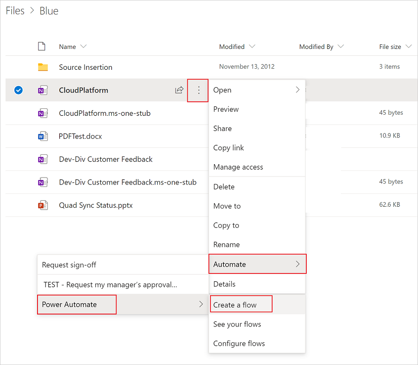 Screenshot of the option to create a cloud flow for a file.